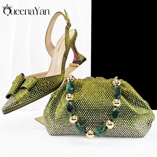 Queena Yan Newest Full of Rhinestone Design Olive Color Lady Sheos and Metal Bead-Embellished Handbag Set for Parrt Wedding