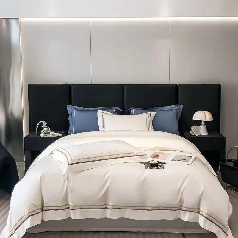 Hotel Style Bedding Set Luxury Golden Embroidery Duvet Cover Grey Egyptian Cotton Bed Sheets Pillowcases Solid Color Bedclothes