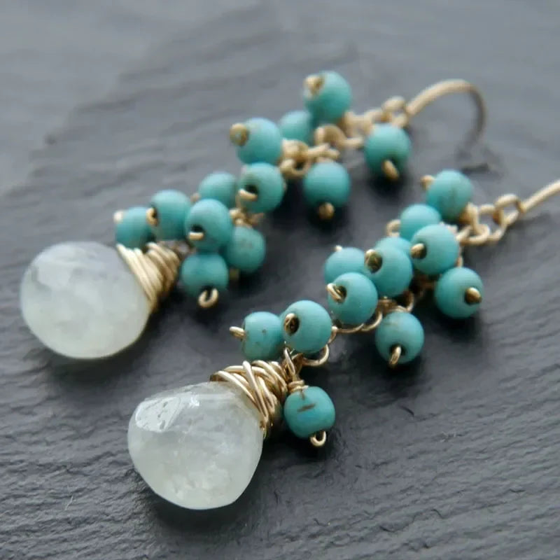 Aqua Chalcedony Labradorite Cluster Wire Wrapped Dangle Earrings