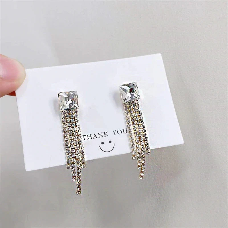 Shiny Crystal Zircon Long Stud Earrings for Women Geometric Hanging Drop Tassel Earring Fashion Party Vintage Pendant Jewelry