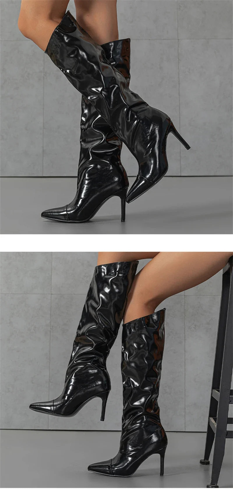 Liyke Fashion Runway Pleated Patent Leather Boots Female Pointed Toe Stiletto Heels Pumps Autumn Winter Knee High Shoes Women