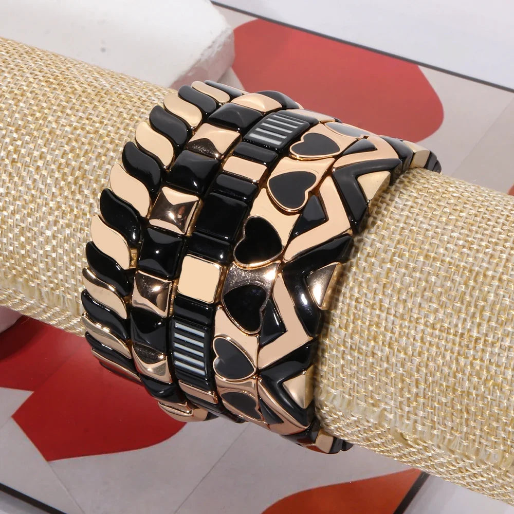 2026 New Black Gold Color Beaded Bangle for Women and Men Handmade Elastic hand Wrist Bracelets