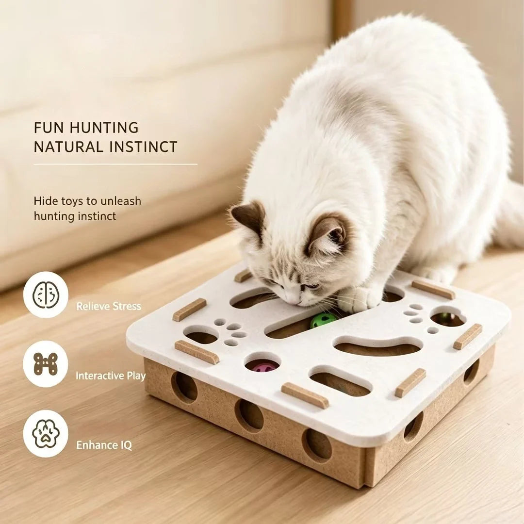 Interactive Cat Toy Felt Maze Box with Bell Ball Self Play Cat Teaser Box Stimulate Hunting Instinct Relieve Boredom Stress