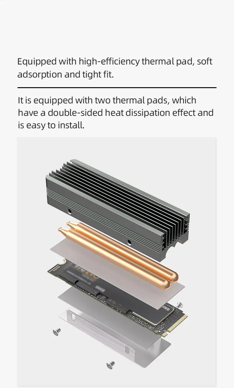 TEUCER M.2 NVMe 2280 SSD Heatsink Dual Copper Tube High Efficiency Radiator with Double-sided SSD Thermal Pad