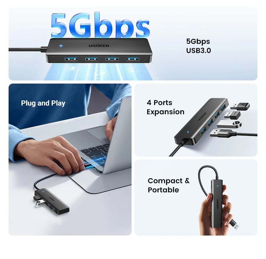 UGREEN USB 3.0 HUB 4 Ports USB-C HUB Slim for Mouse Keyboard Compatible with MacBook Pro Air Laptop Desktop PC Xbox PS5 Splitter