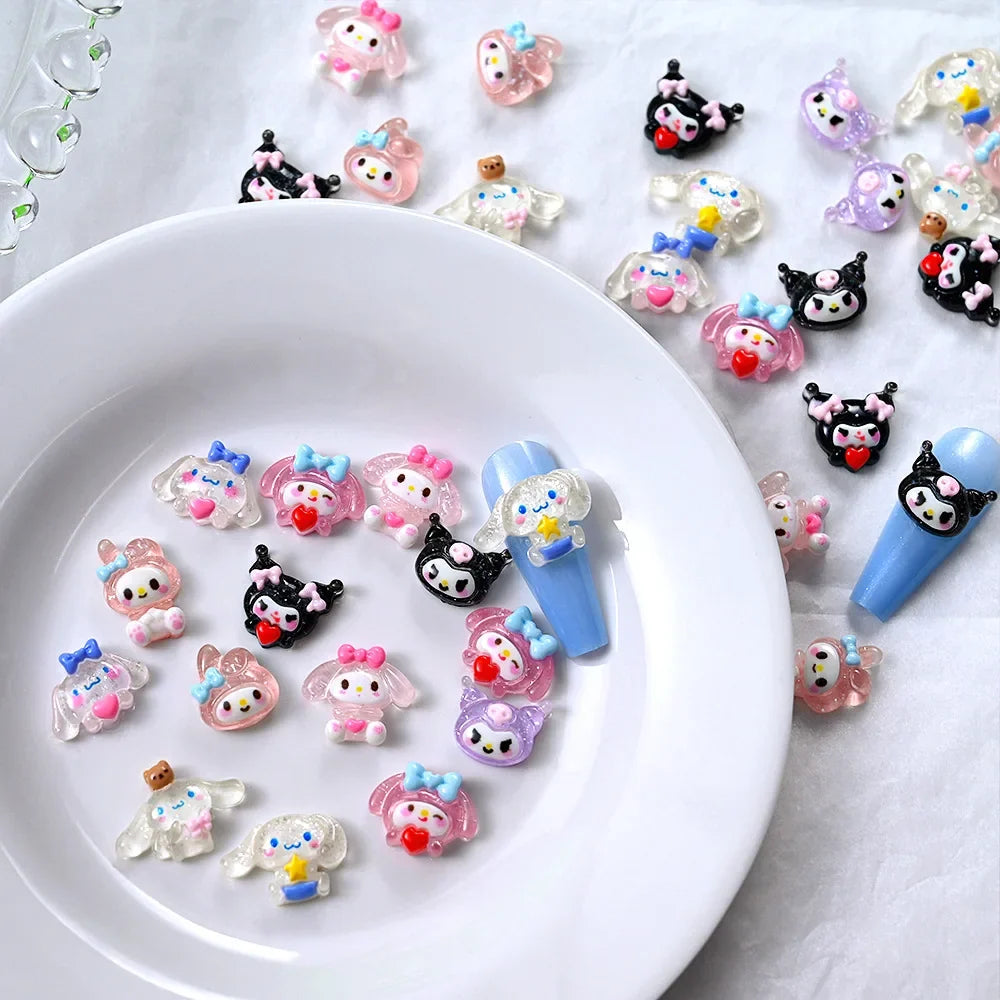50Pcs Leopard Sanrio 3D Resin Nail Charms Mixed Kuromi My Melody Kitty Nail Parts DIY Manicure Decor Accessories