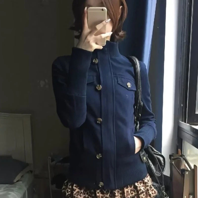 Vintage Cropped Jackets Women Harajuku Casual Slim Fit Zipper Coat Y2K Streetwear Long Sleeve Outerwear Autumn New Arrival