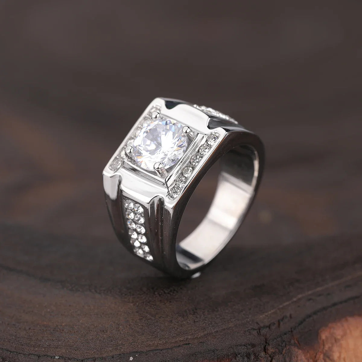Keisha Lena AAAAA Zircon Men Ring Stainless Steel 18K Gold Plated Engagement Rings For Man Jewelry Waterproof Allergy-Resistant