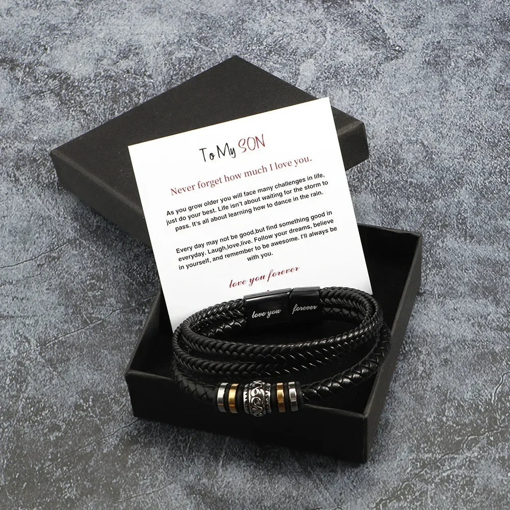 Bracelet for Son/Grandson From Parents, Stainless Steel Leather Bead Grown Up Meaningful Graduation Gifts for His Birthday 8.5"