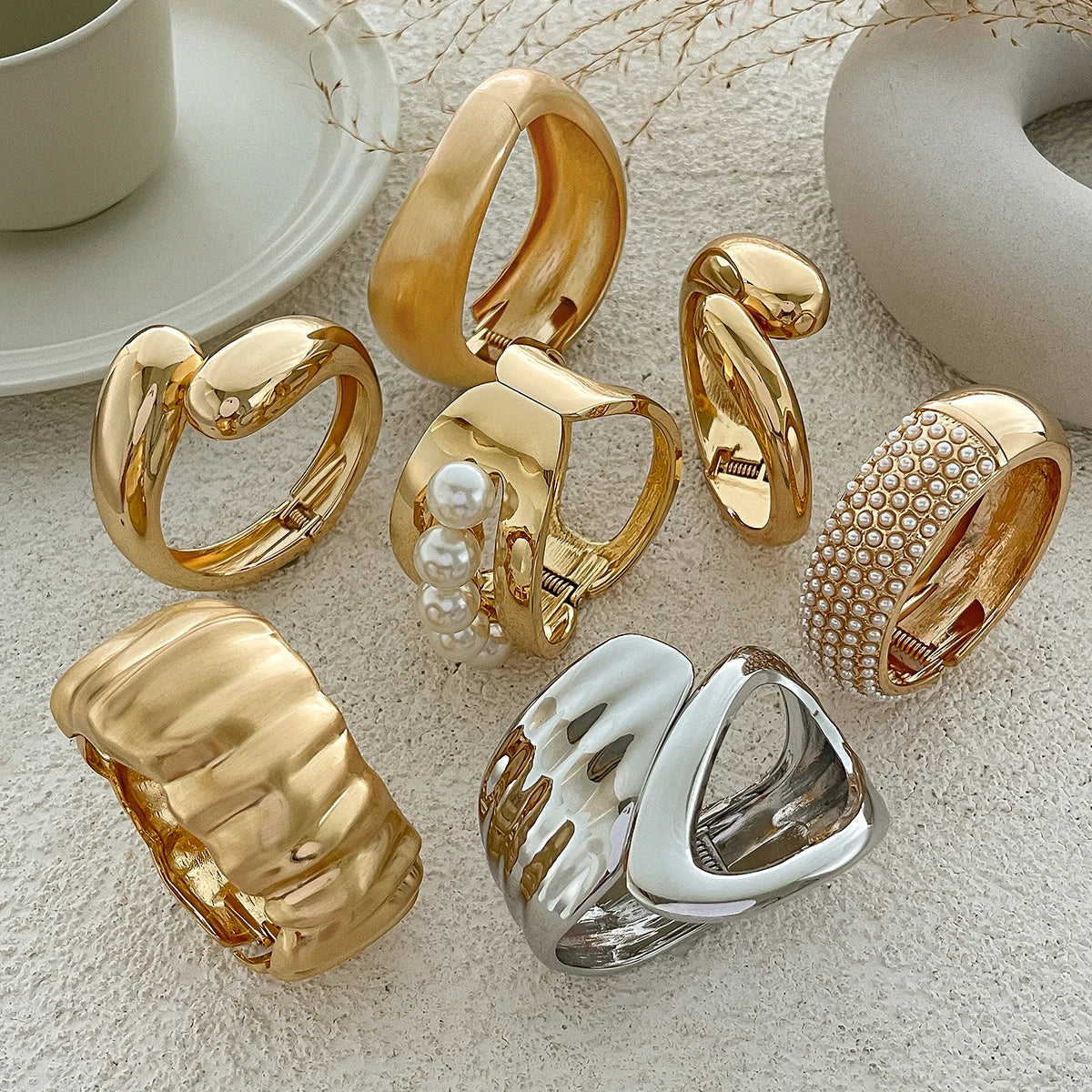 SHIXIN Design Geometric Water Drop Gold Color Wide Spring Bangles for Women Elegant Imitation Pearl Cuff Bracelets New Jewelry