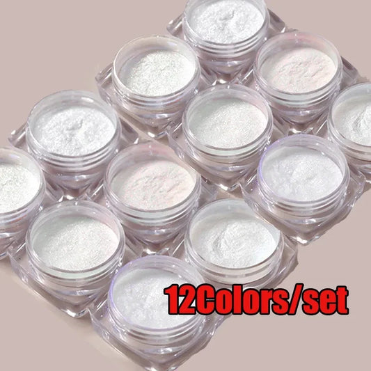 12Pcs/Set Aurora White Nail Mirror Powder 0.3g/Jar Shimmer Moonlight Chrome Pigment Dust for UV Gel Polish Manicure Decorations