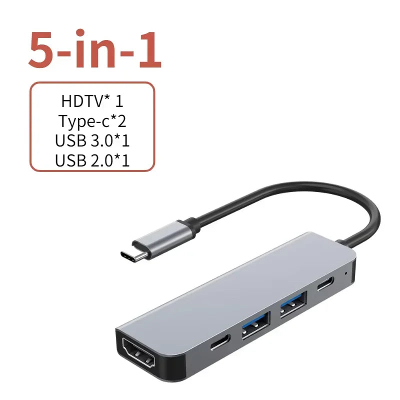 5-in-1 Type-C Hub & USB-C Dock - Multi-Function Adapter for Phone, PC, and Mac