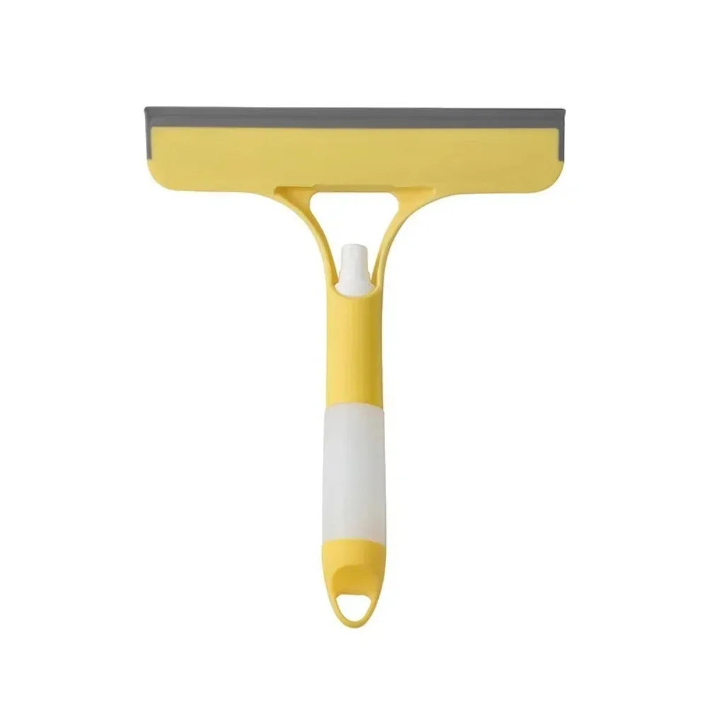 A household glass cleaning scraper that combines the functions of a watering can and a window scraper.