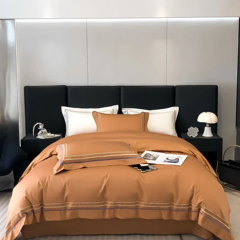 Hotel Style Bedding Set Luxury Golden Embroidery Duvet Cover Grey Egyptian Cotton Bed Sheets Pillowcases Solid Color Bedclothes