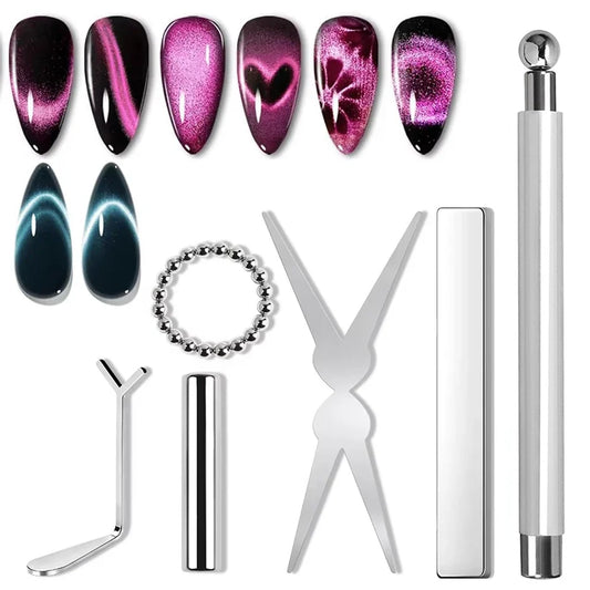 YIKOOLIN 6Pcs Cat Eye Magnet Set French Tip Heart & Flower Design Nail Art Gel Polish Manicure Tools for DIY Nail Art