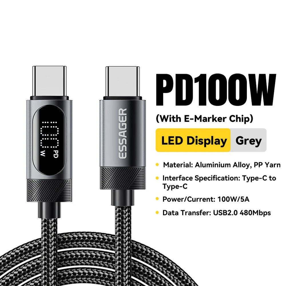 Essager Digital Dispaly USB C Cable For iPhone 17 16 15 Xiaomi Huawei 100W PD Fast Charging For Macbook iPad Type C to C Cable