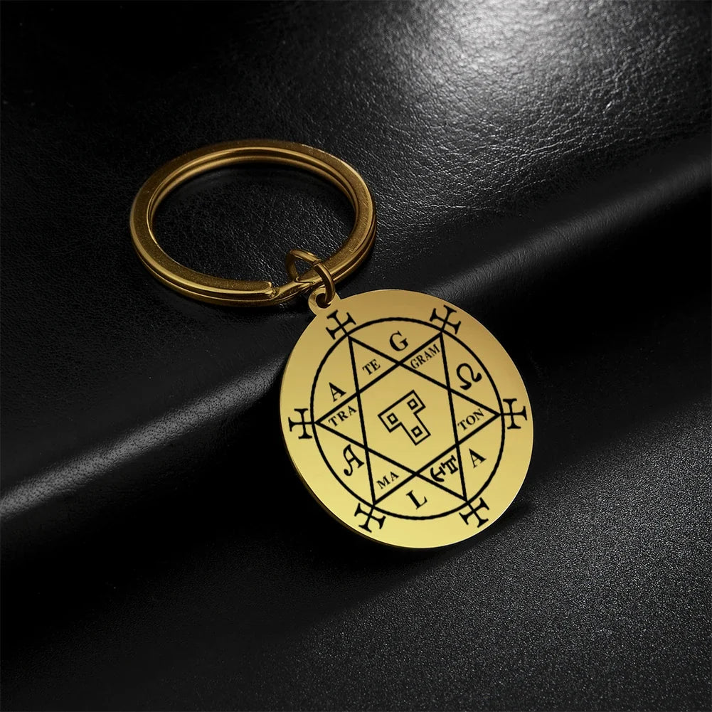Dawapara Protection Secret Seal of Solomon Pendant Keychain Witchcraft Hexagram Wealth Fortune Amulet Stainless Steel Jewelry