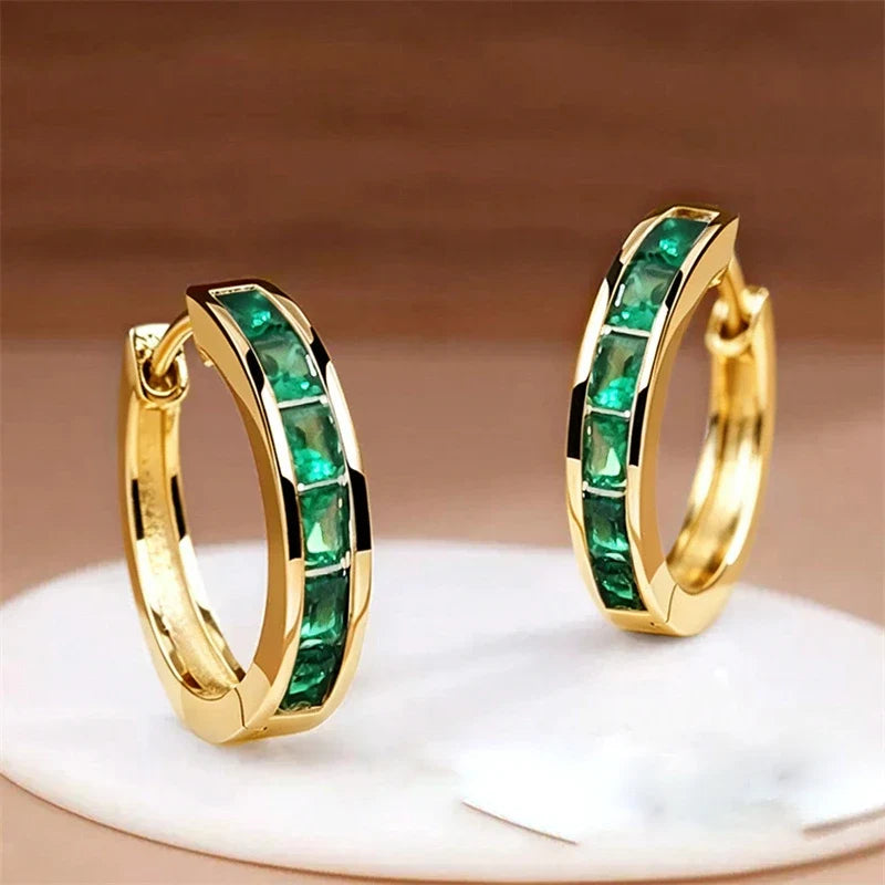 Huitan Hoop Earrings with Princess Cubic Zirconia Exquisite Ear Circle Earrings for Women Silver Color Fashion Versatile Jewelry