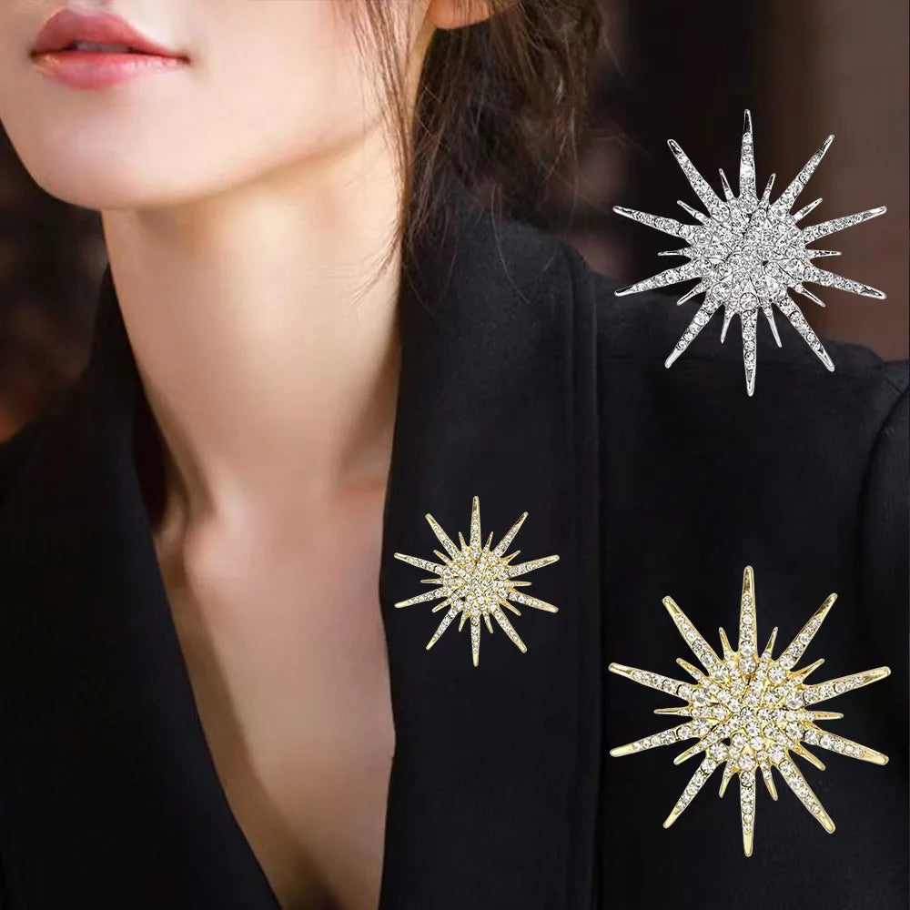 Rhinestone Hexagram Brooches for Women Men Fashion Starburst Metal Lapel Pin Clothes Accessories Office Leisure Jewelry Gift