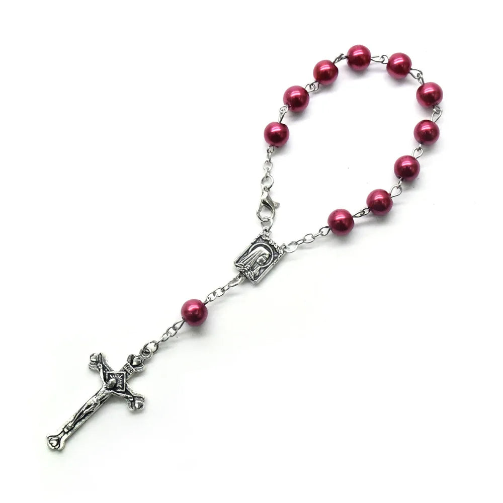 QIGO Car Rosary  One Decade Imitation Pearl Glass Beads Cross Pendant Bracelets For Men Women