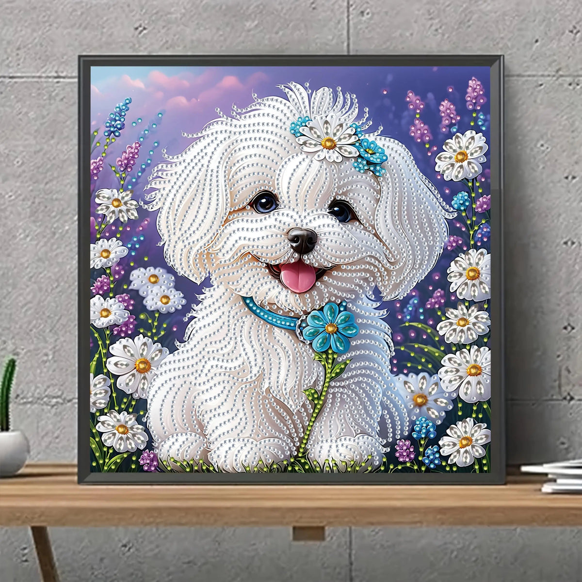 A set of "White Puppy Wearing Flowers" 5D Diamond Painting Kit, DIY handmade craft, partially adorned with irregular diamonds