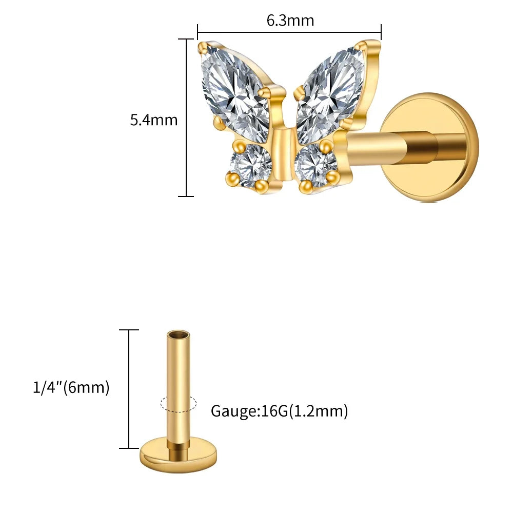 Right Grand ASTM F136 Titanium 16G Mini Butterfly CZ Labret Tragus Cartilage Conch Forward Helix Stud Nose Piercing Body Jewelry