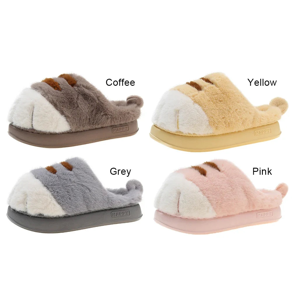 3D Cat Paw Plush Slippers Warm Slip-on House Shoes Anti Slip Flat Thermal Slippers Furry Paw Couple Slippers for Autumn Winter