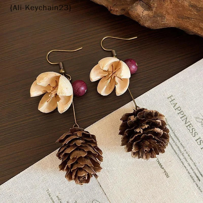 1Pair Vintage Wooden Plant Earring For Women Creative Natural Plant Dried Fruits Drop Earrings Ethnic Jewelry