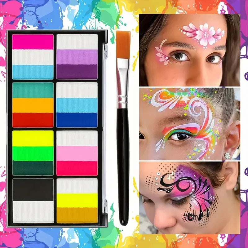 Palette Rainbow Stripe Paint Set with Brushes, Water Based Dual-Tone Face and Body Paint Palette, Christmas Halloween  Cosplay