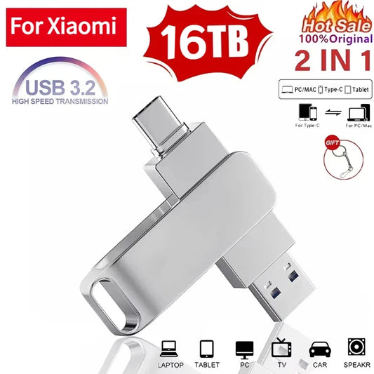 16TB USB 3.2 Flash Drive 520MB/s High Speed 2in1 TypeC OTG Pen Drive Waterproof Large Storage for Phone Computer PC Data Storage