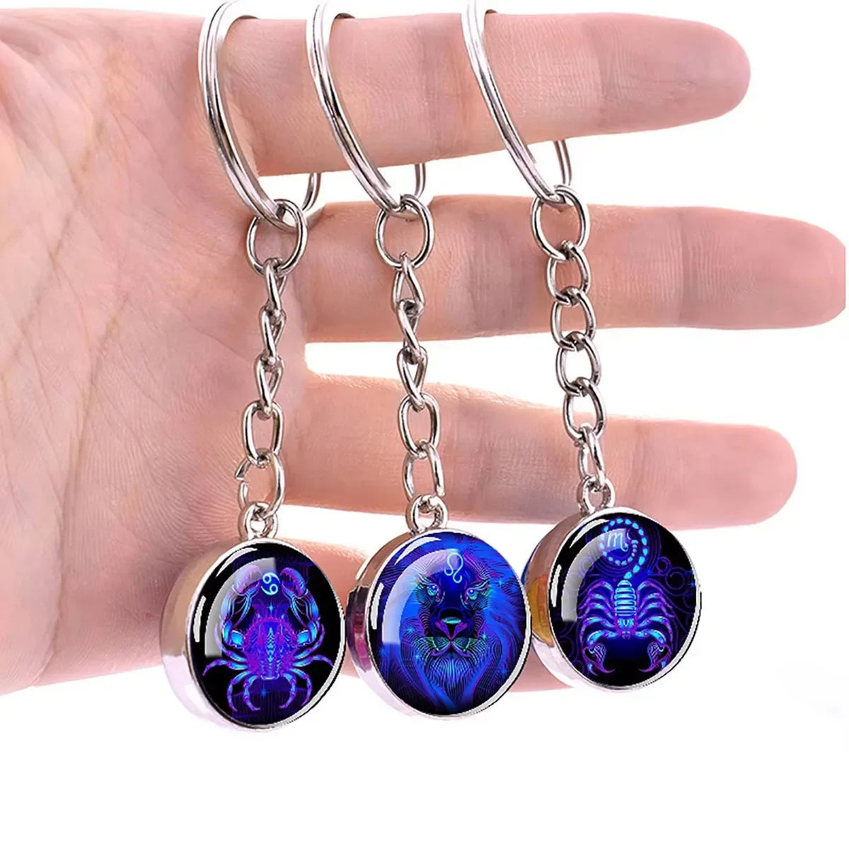 12 Constellation Key Chain Luminous Double Sided Glass Ball Pendant 12 Zodiac Key Chain Fashion Birthday Gift for Men and Women
