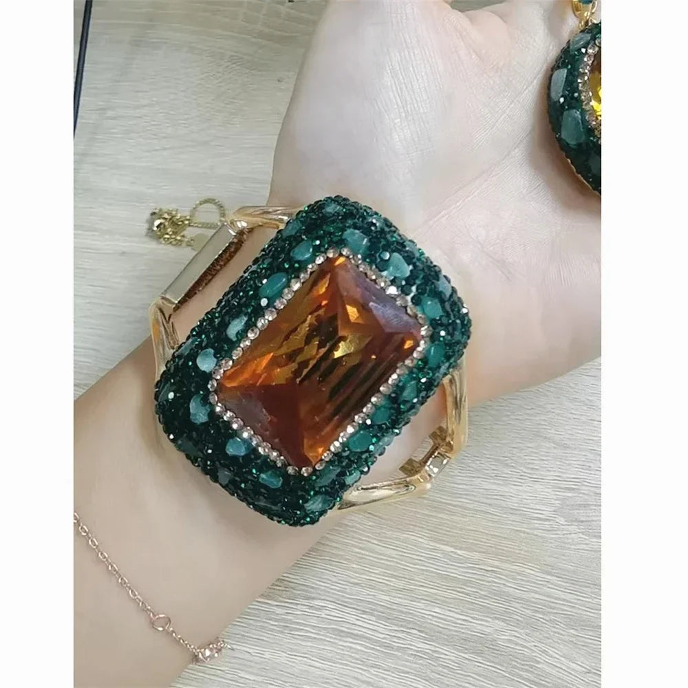 Round Colored Change Sultanite Crystal Bangle Rings Sets for Women Necklace Earring Rings Golden Green Zultanite Quartz Jewelry