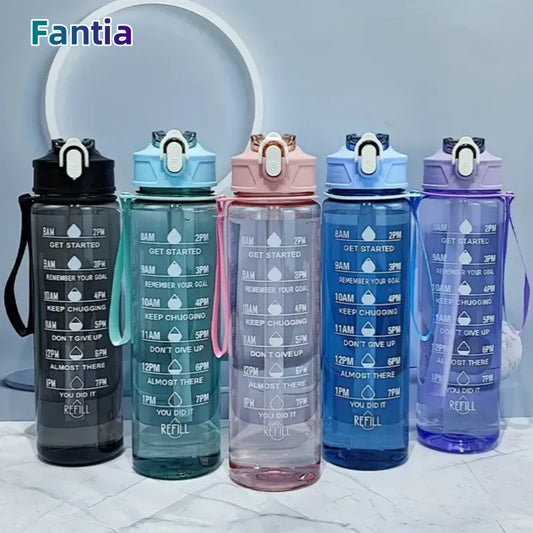 800ml/27oz Large Capacity Sports Water Bottle Leak Proof Plastic Drinking Cup With Time Scale Suitable For Travel Fitness Sports