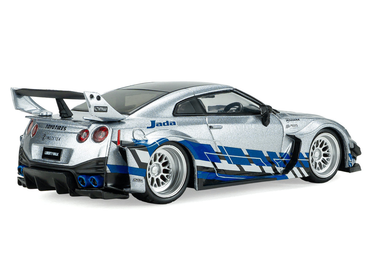 2020 Nissan GT-R (R35) Liberty Walk Silhouette RHD (Right Hand Drive) Silver Metallic with Black Top and Blue Graphics 1/43 Diecast Model Car by Solido