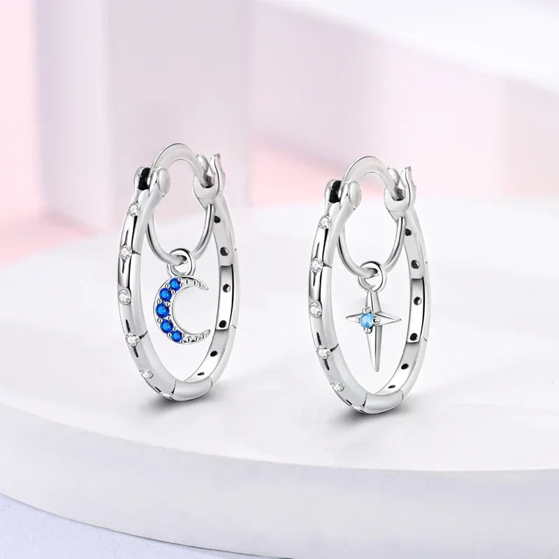 925 Sterling Silver Hoop Earring For Woman Night Sky Blue Purple Gemstone Original Earrings Fashion Jewelry Gift