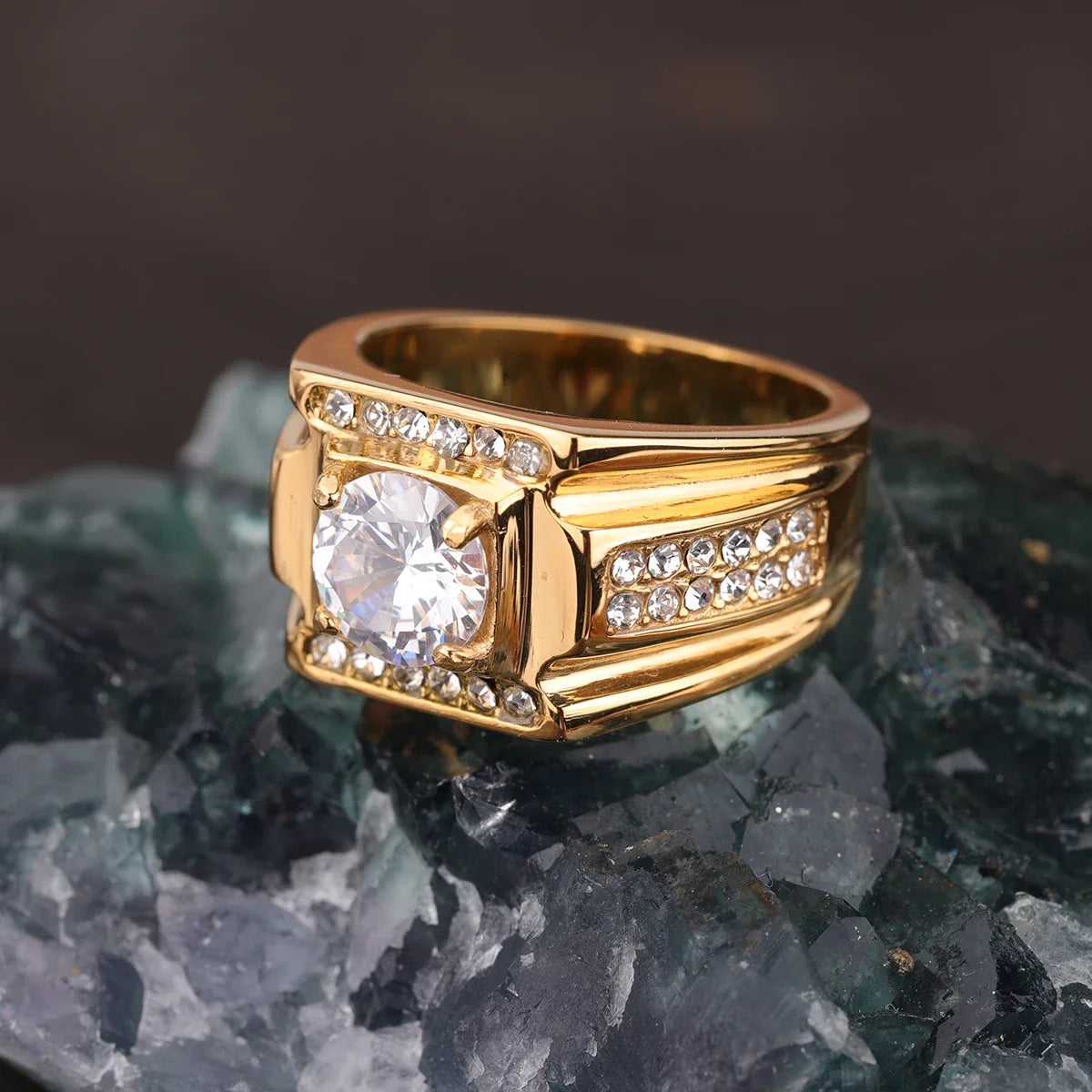 Keisha Lena AAAAA Zircon Men Ring Stainless Steel 18K Gold Plated Engagement Rings For Man Jewelry Waterproof Allergy-Resistant