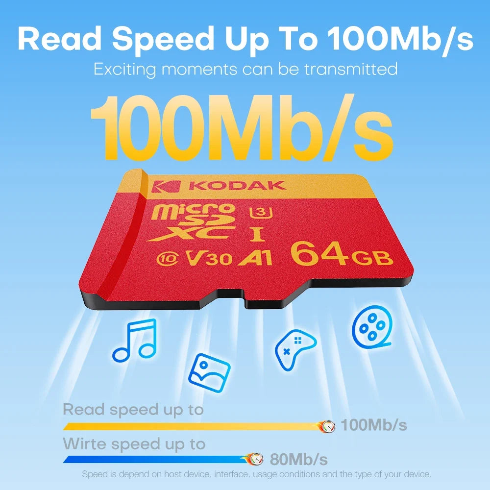 KODAK 128GB Micro SD Card U3 V30 256GB 64GB 32GB 4K High Speed TF Card for Phone Camera Drone Original TYPE-C Reader