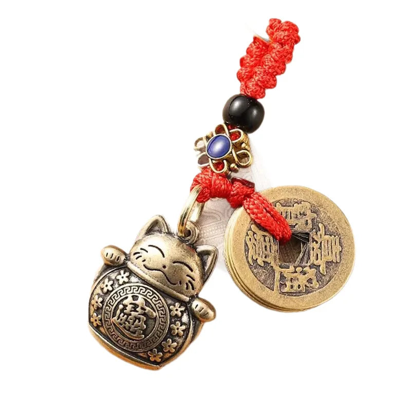 1Pc Vintage Handmade Lucky Cat Keychain Five Emperors Feng Shui Coins Key Ring Car Pendant Lucky Ornament Gift