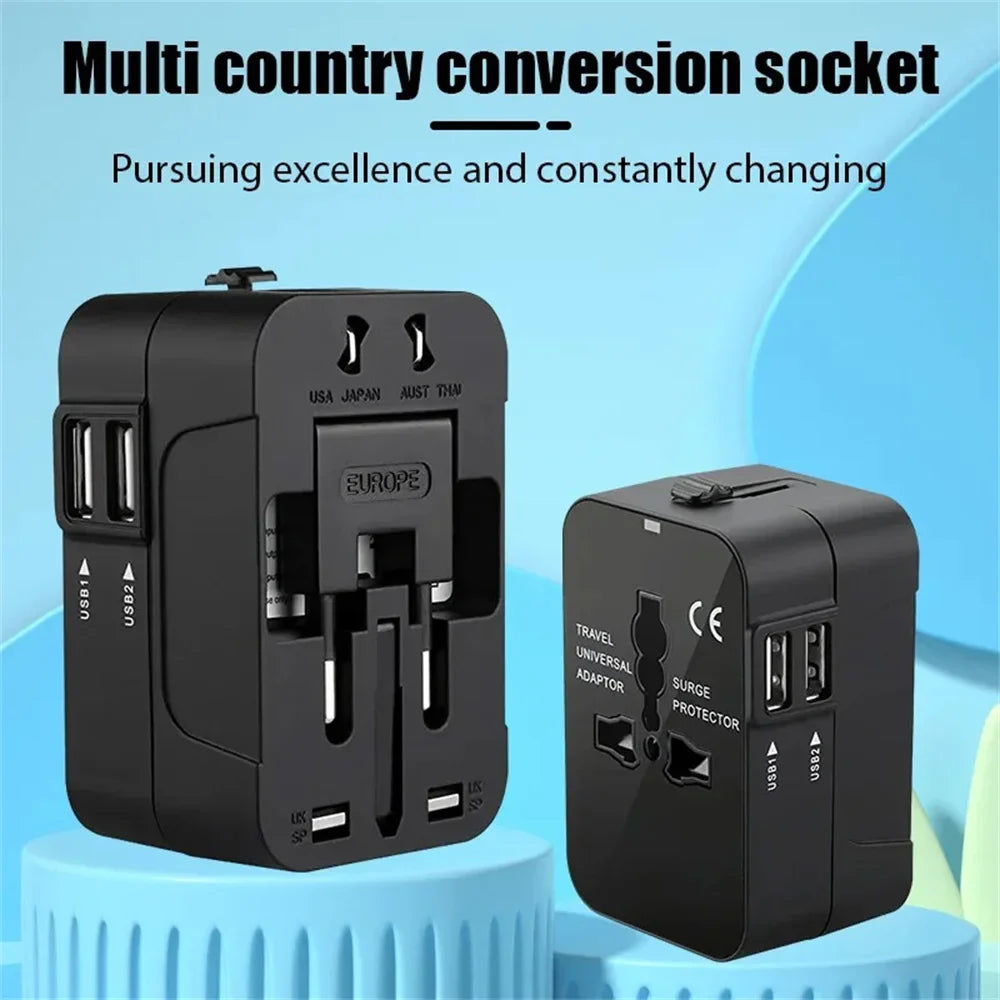 International Travel Plug Adapter EU US UK AU to Universal AC Power Converter Socket with 2 USB Ports Safety Shutter Locking