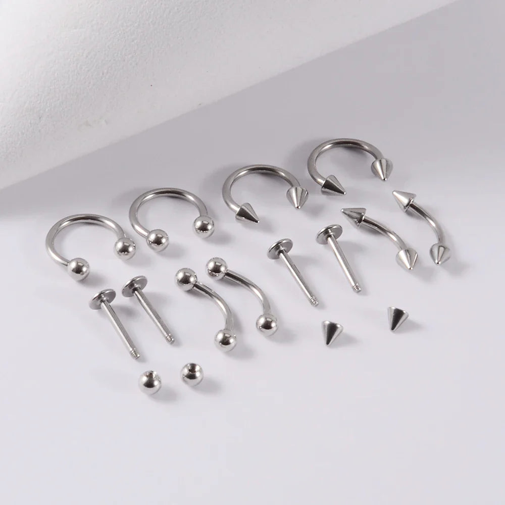 12pcs/Set Surgical Steel Silver Color Gold Plated Black Rainbow Ear Nose Eyebrow Labret Basic Piercing Jewelry Set 8mm