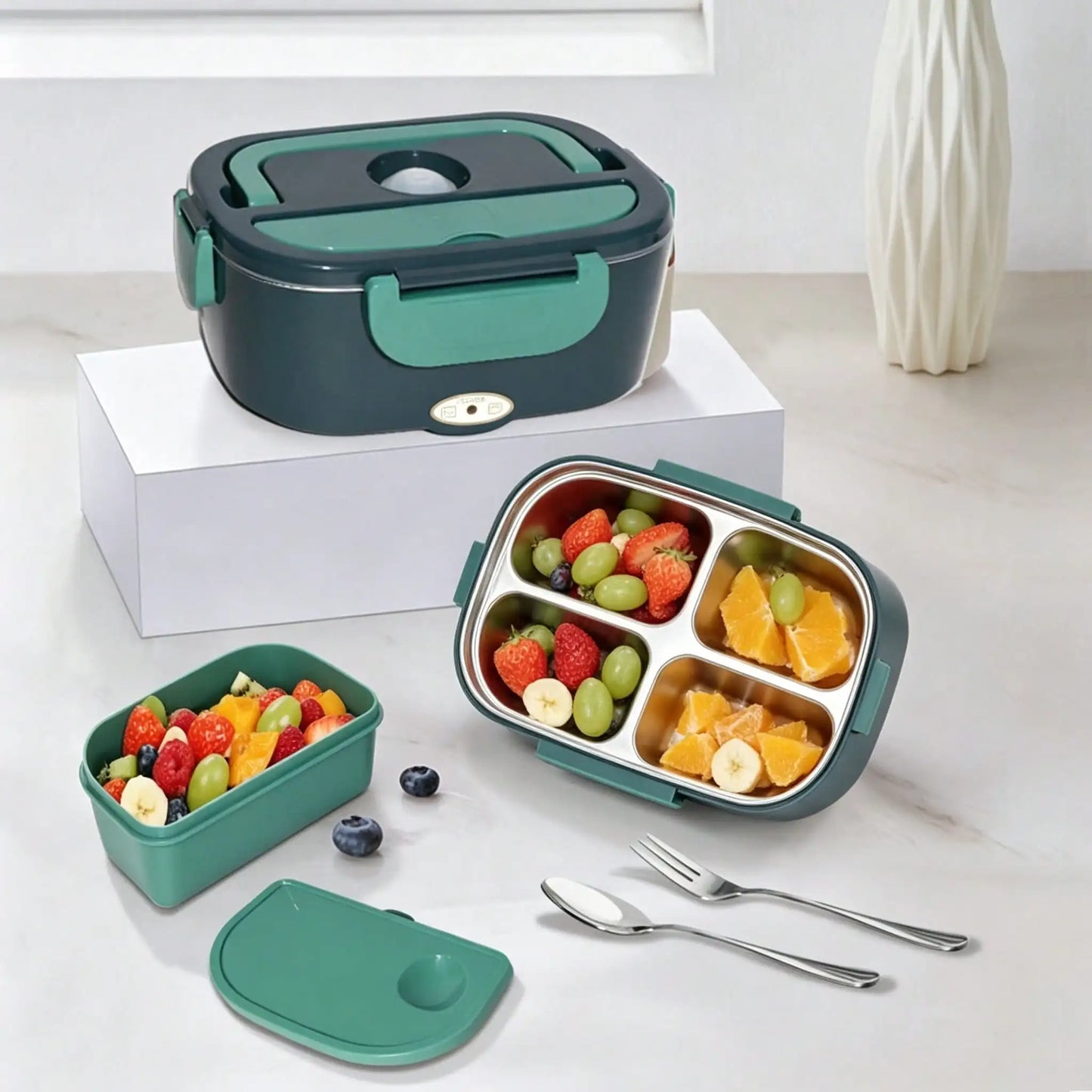 Electric Heating Lunch Box; 1.5L 304 Stainless Steel Dual Compartment Food Warmer, 12V Car Use, Portable Heated Bento Box With Fork, Spoon & Insulated Bag, Viral Must-Have For Office, Travel & Road Trips, Perfect Gift For Commuters, Drivers