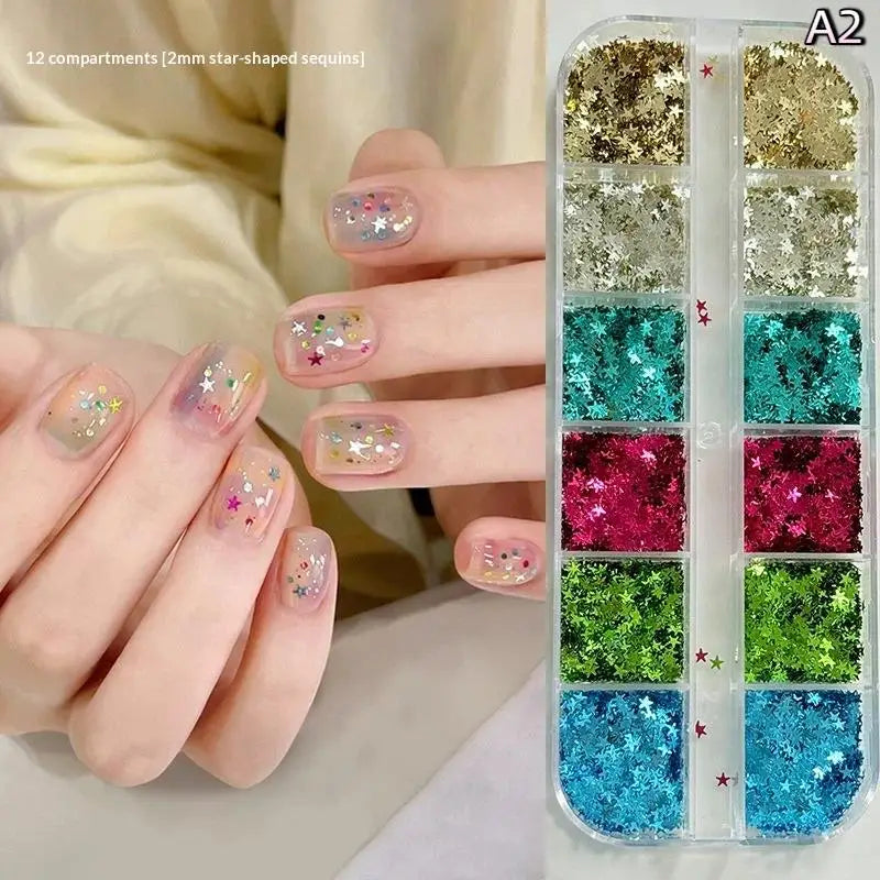 *12 Grids Mixed Mini Circular Colorful Nail Glitter Wave Point Sequin Sparkling Flower DIY Nail Decoration Nail Charms