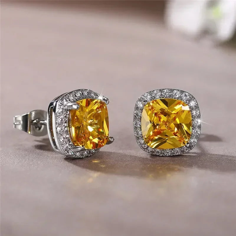 Huitan Classic Cushion Shape Stud Earrings with Brilliant Cubic Zirconia Stone Wedding Engagement Party Luxury Jewelry for Women