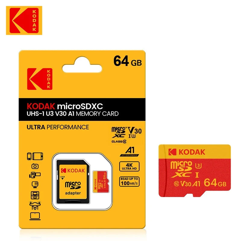 KODAK 128GB Micro SD Card U3 V30 256GB 64GB 32GB 4K High Speed TF Card for Phone Camera Drone Original TYPE-C Reader