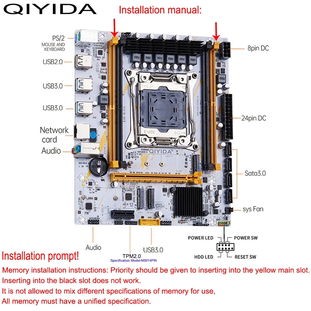 QIYIDA X99 Motherboard LGA2011-3 Slot SATA3.0 USB3.0 NVME M.2 NGFF WIFI Support DDR4 Memory and Xeon E5 V3 V4 Processor TPM14PIN