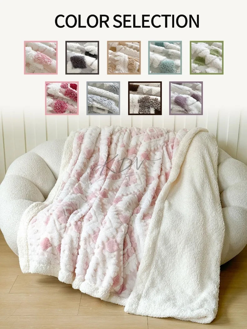 Geometric Patterned Jacquard Fleece Blanket Double Layer Thick Warm Taffeta Sofa Throw Blanket Spring Autumn Plush Bed Blanket