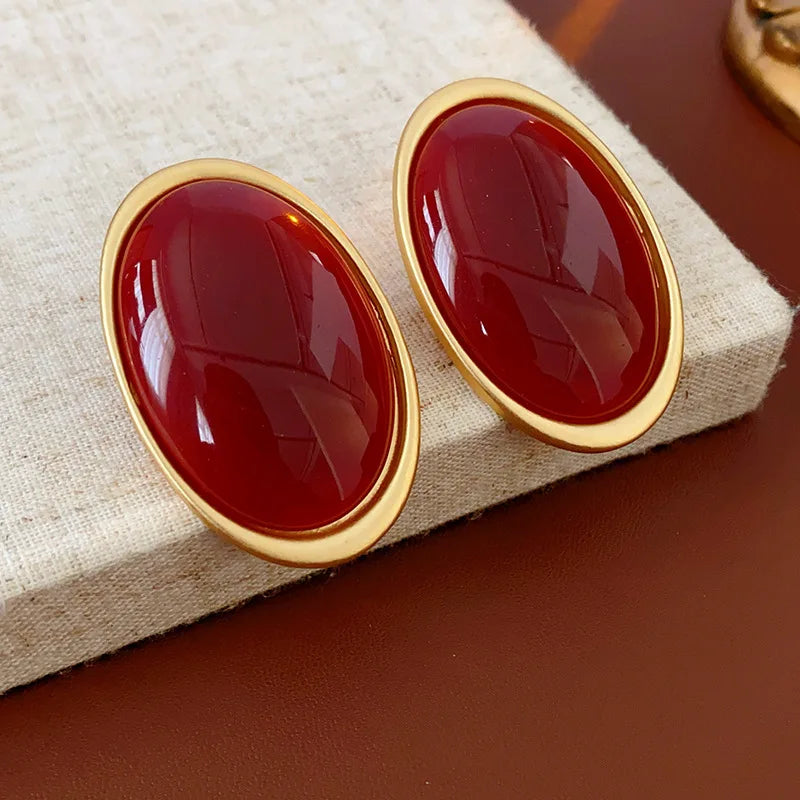 Anchor Red Geometric Oval Stud Earrings for Women Personality Versatile Resin Earrings Simple Fashion Jewelry Wholesale Gifts N1