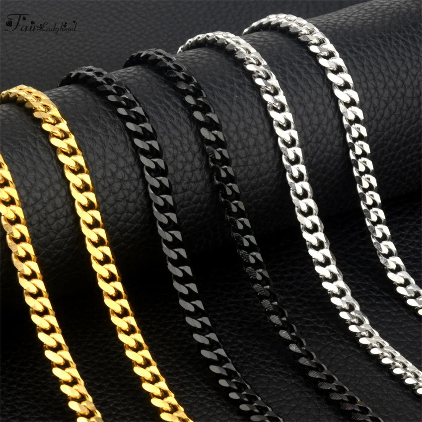 1 piece Size 3.6mm-9mm Men's Necklace Stainless Steel Cuban Link Chain Bracelet Necklace Steel Color Male Jewelry