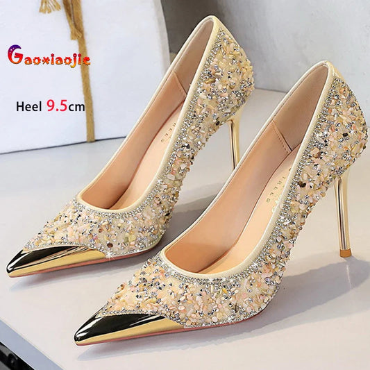 Shiny Crystal Apricot High Heels 9.5cm Women's Shoes Thin Heels Metal Pointed Ladies Pumps Shallow Slip On Stiletto Party Shoes