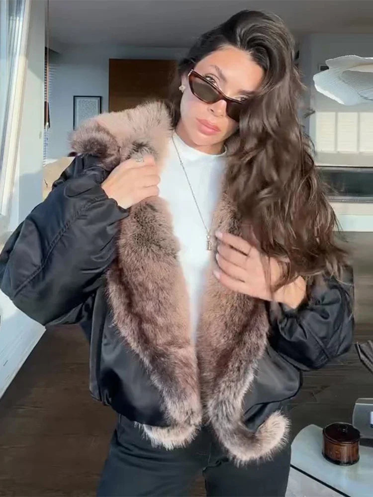 Fashion Faux Fur Patchwork Cotton Coat Women Lapel Zipper Pocket Cropped Street Warm Jacket 2026 Winter Lady Puffer Jackets New